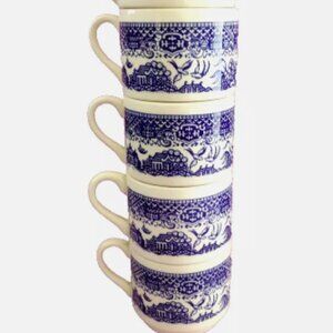 Set of 8 Blue Willow Stacking Coffee Cups +Saucers Vintage Birds White